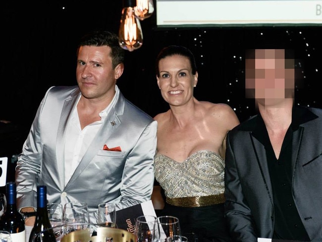 Real estate agent Rebecca Fearon (centre) who has been charged with one count of dishonestly obtain financial advantage, and her former business partner Karl Howard (left) who was charged over a samurai sword attack in 2021. Photo: Supplied