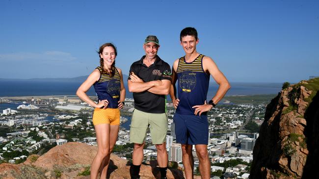 Runners Carmen Ritter and Mitch Nissen, with event organisor Sam Steadman (centre) will be vying for line honours and $1600 in prizemoney in The Goat this Friday before tackling the Castle Hill Trail Run on Sunday. Picture: Evan Morgan