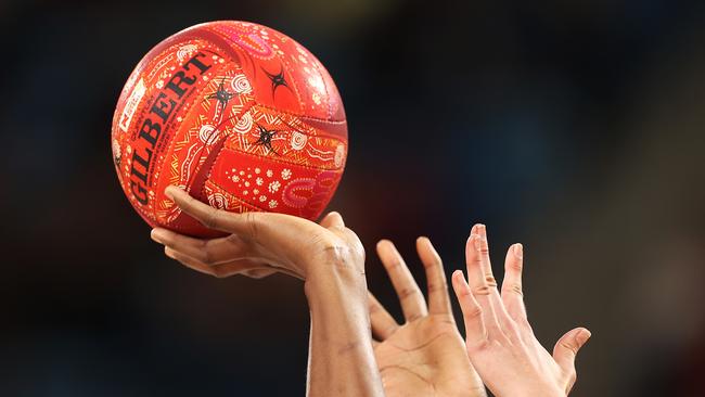 SYDNEY, AUSTRALIA - JUNE 05: A detail view of the ball is seen as Jhaniele Fowler of the Fever shoots during the round 13 Super Netball match between NSW Swifts and West Coast Fever at Ken Rosewall Arena, on June 05, 2022, in Sydney, Australia. (Photo by Mark Kolbe/Getty Images)