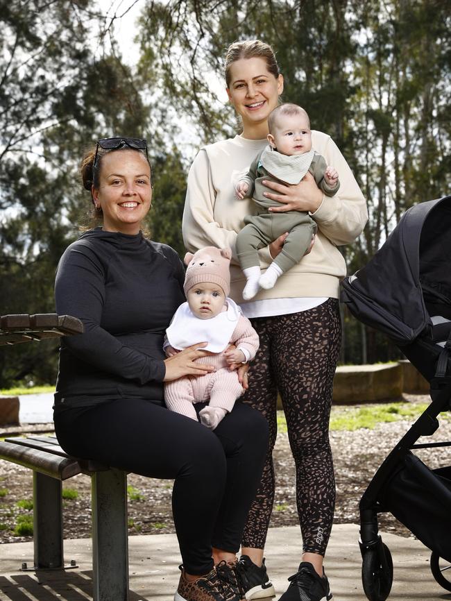 Stacey with her four month old daughter Bronte and Hodson with 3 month old son Parker at Tench Reserve in Penrith. Picture: Richard Dobson