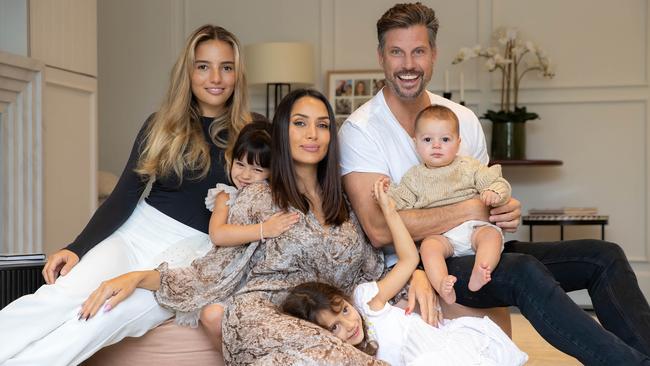 Sam Wood with his wife Snezana Markoski and their kids Eve, Willow, Charlie and Harper. Picture: Jason Edwards