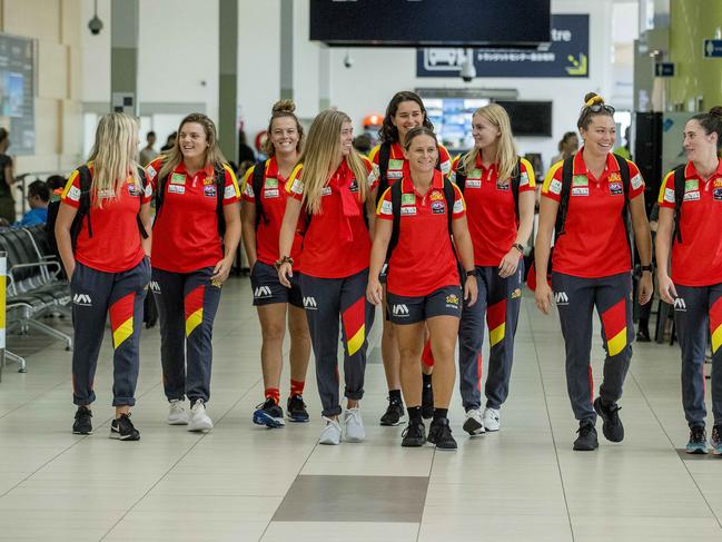 Suns AFLW team are playing their first game this weekend in Sydney. Suns AFLW debutants  at Gold Coast Airport, Coolangatta. Picture: Jerad Williams