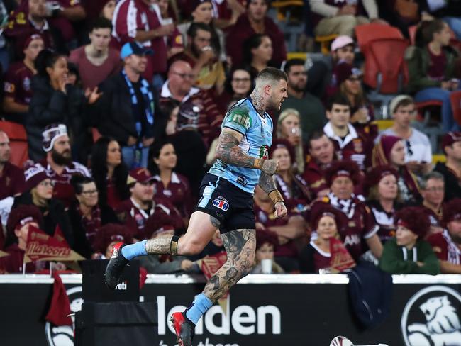 NSW's Josh Dugan celebrates scoring a try during Game 3 of the State of Origin series between the NSW Blues and QLD Maroons at Suncorp Stadium, Brisbane. Picture: Brett Costello