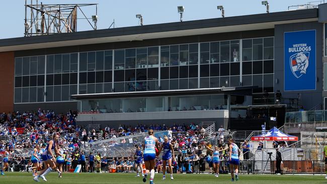 MELBOURNE, AUSTRALIA - NOVEMBER 04: A general view during the 2023 AFLW Round 10 match between The Western Bulldogs and The North Melbourne Tasmanian Kangaroos at Whitten Oval on November 04, 2023 in Melbourne, Australia. (Photo by Dylan Burns/AFL Photos via Getty Images)