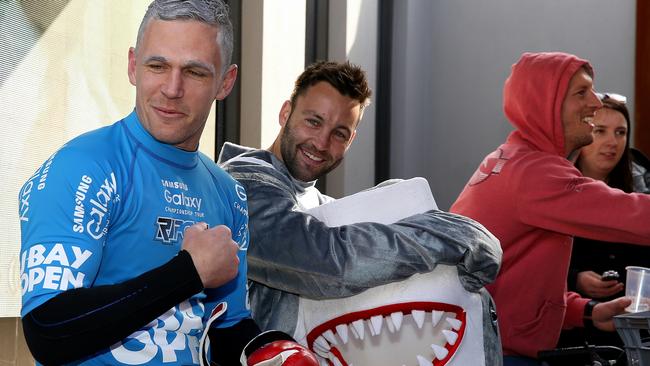 Joel Selwood dressed as Mick Fanning, with Jimmy Bartel as a shark, for last year’s Mad Monday. Picture: Tim Carrafa