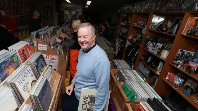 Labor Leader Anthony Albanese picking up some Bowie at RPM Records in Marrickville, NSW. Picture: NCA NewsWire / Dylan Coker