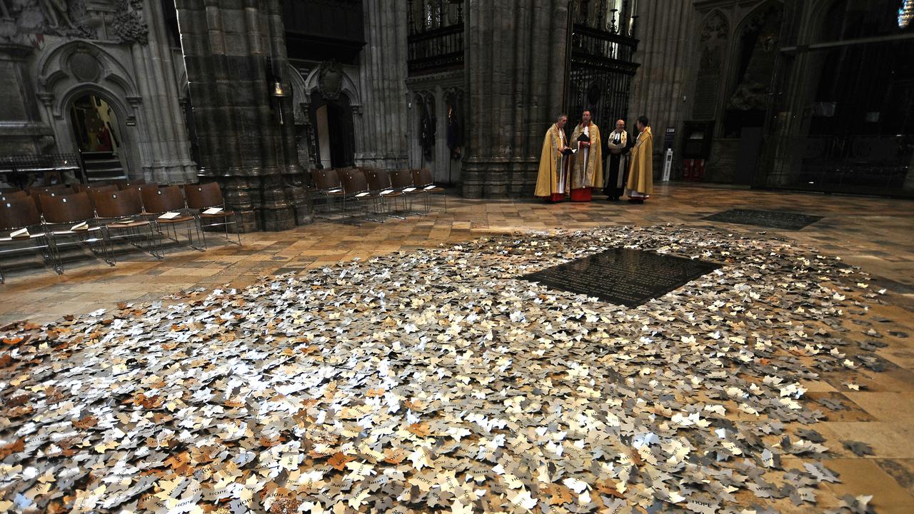 Leaves on the floor during the Trees For Life Covid-19 Memorial service at Westminster Abbey in London. Picture: Getty Images