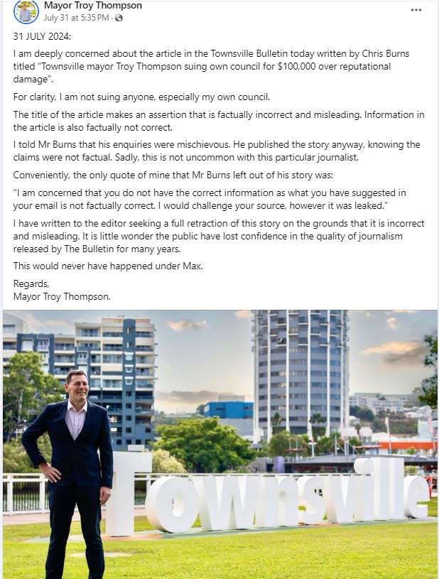 Townsville mayor Troy Thompson told his Facebook followers: "I am not suing anyone, especially my own council".