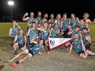 PREMIERS: Bay Power celebrates their historic premiership win over the Hervey Bay Bombers on Saturday night. Picture: Alistair Brightman