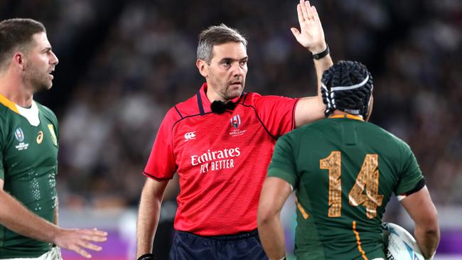 YOKOHAMA, JAPAN - SEPTEMBER 21: Referee Jerome Garces gestures during the Rugby World Cup 2019 Group B game between New Zealand and South Africa at International Stadium Yokohama on September 21, 2019 in Yokohama, Kanagawa, Japan. (Photo by Mike Hewitt/Getty Images)