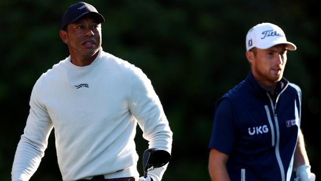 Tiger Woods of the United States and Will Zalatoris of the United States during a practice round prior to the 2024 Masters Tournament at Augusta, Georgia. Picture: Maddie Meyer/Getty Images