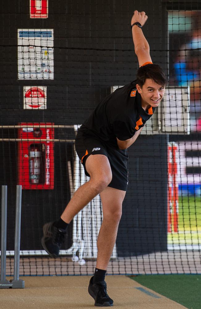 Territorian Tom Menzies shows off his bowling action. Picture: Pema Tamang Pakhrin