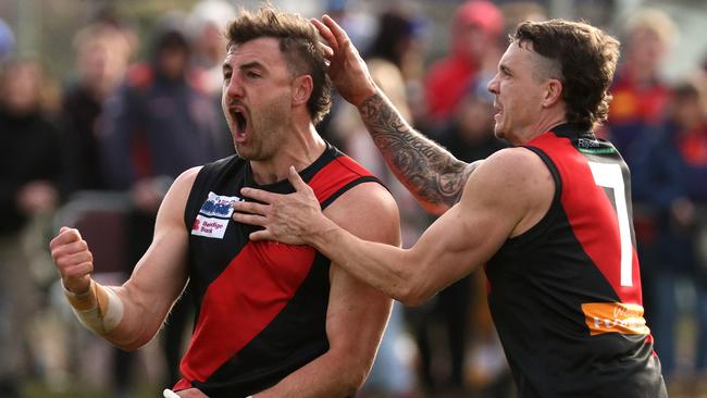 Dylan Tarczon celebrates a goal for Riddell. Picture: Hamish Blair