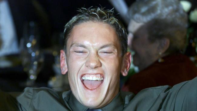 AUGUST 28, 2000 : Melbourne AFL footballer Shane Woewodin celebrates at Crown Palladium Ballroom 28/08/00 after being named winner of 2000 Brownlow Medal. Pic Graham Crouch. Australian Rules P/