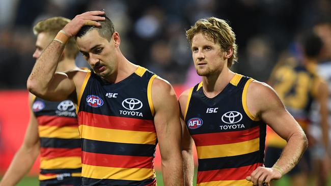 Taylor Walker and Rory Sloane will be the joint captains of the Crows in 2019. Picture: Julian Smith/AAP