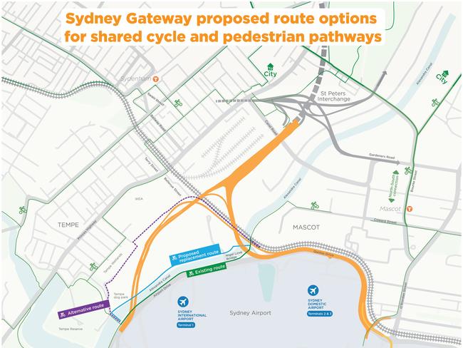 The route of a proposed cycleway from Tempe to Mascot as part of the Sydney Gateway project. Picture: Supplied