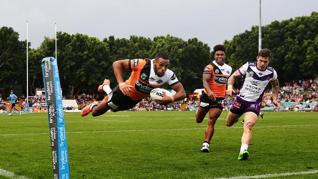 Josh Addo-Carr scored a try on debut for the Wests Tigers v Melbourne Storm in 2016. Pic Brett Costello