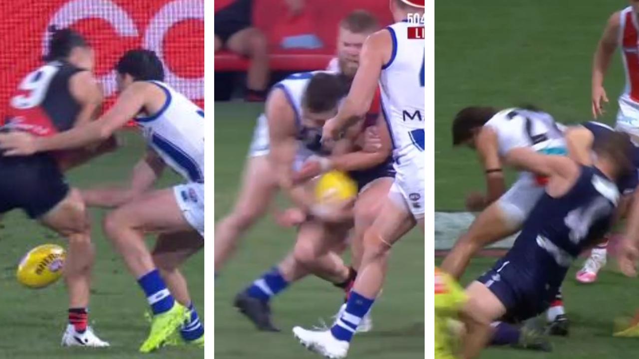 Three AFL players were suspended for bumps on the weekend - but Cam Zurhaar, middle, is showing how to do it properly.