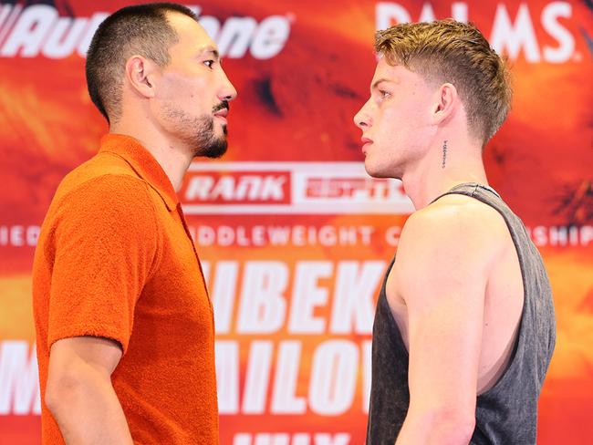 Janibek (L) and Mikhailovich (R) go face-to-face. Picture: Top Rank/Mikey Williams