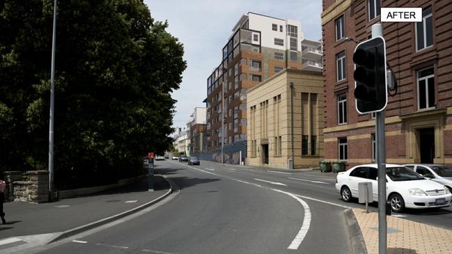 Apartment complex proposed by the Fragrance Group as viewed when looking down Sandy Bay Road. Design: SCANLAN ARCHITECTS