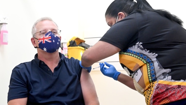 Prime Minister Scott Morrison receiving his Covid-19 booster shot, he has called on residents to come forward for their third dose as soon as they are eligible. Picture: NCA NewsWire / Jeremy Piper