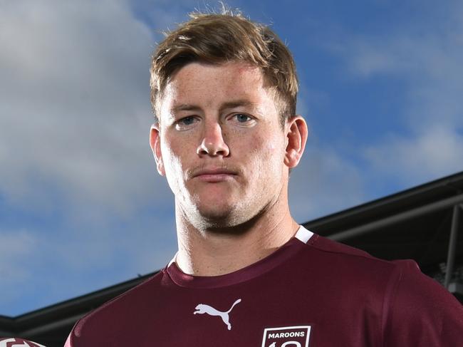 Harry Grant is seen posing for a photograph at Suncorp Stadium after he was named in the Queensland Maroons State of Origin team in Brisbane, Monday, May 31, 2021. Queensland have announced a 20-man squad to take on New South Wales in the first State of Origin match of the 2021 series. (AAP Image/Darren England) NO ARCHIVING, EDITORIAL USE ONLY