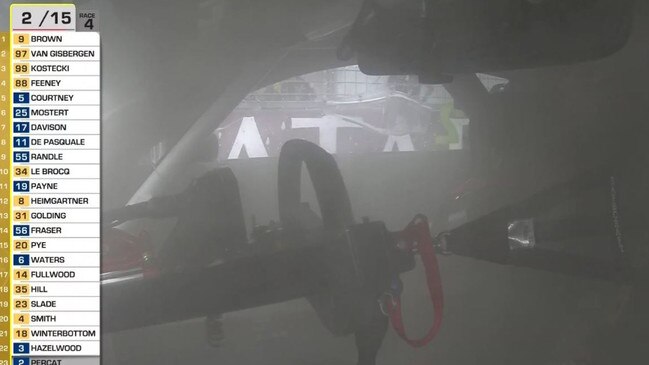 The interior of Nick Percat's Mustang is filled with smoke.