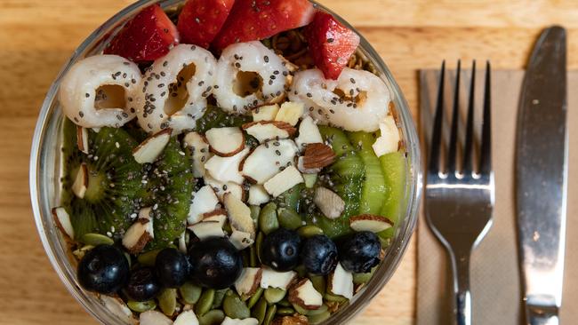 The “Hub Bowl” with butterfly pea flower infused coconut yoghurt, gluten free granola, fruit and chia seeds ($15).