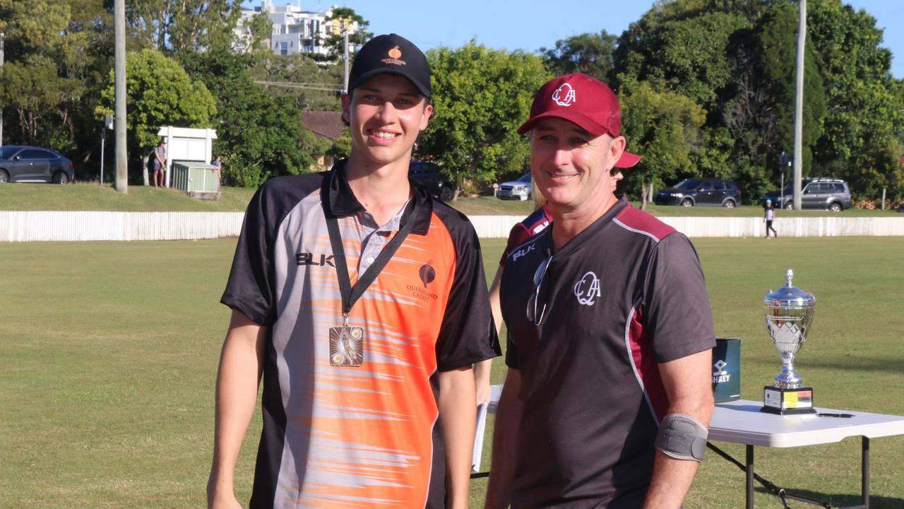 Dylan Crees, pictured with Queensland Cricket coaching specialist Jeffrey Thomas. Picture: Tom Threadingham