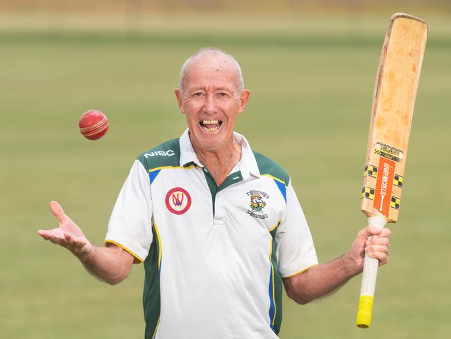 Ray Finn, a 71-year-old cricketer who is continuing to open the batting and bowling in the lower grades at Buckley Park. He plays with his sons Andrew and Matt.Picture:Rob Leeson.