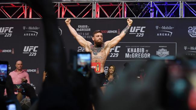 LAS VEGAS, NEVADA - OCTOBER 05: Conor McGregor poses during a ceremonial weigh-in for UFC 229 at T-Mobile Arena on October 05, 2018 in Las Vegas, Nevada. McGregor will challenge UFC lightweight champion Khabib Nurmagomedov for his title at UFC 229 on October 6 at T-Mobile Arena in Las Vegas. Ethan Miller/Getty Images/AFP == FOR NEWSPAPERS, INTERNET, TELCOS &amp; TELEVISION USE ONLY ==