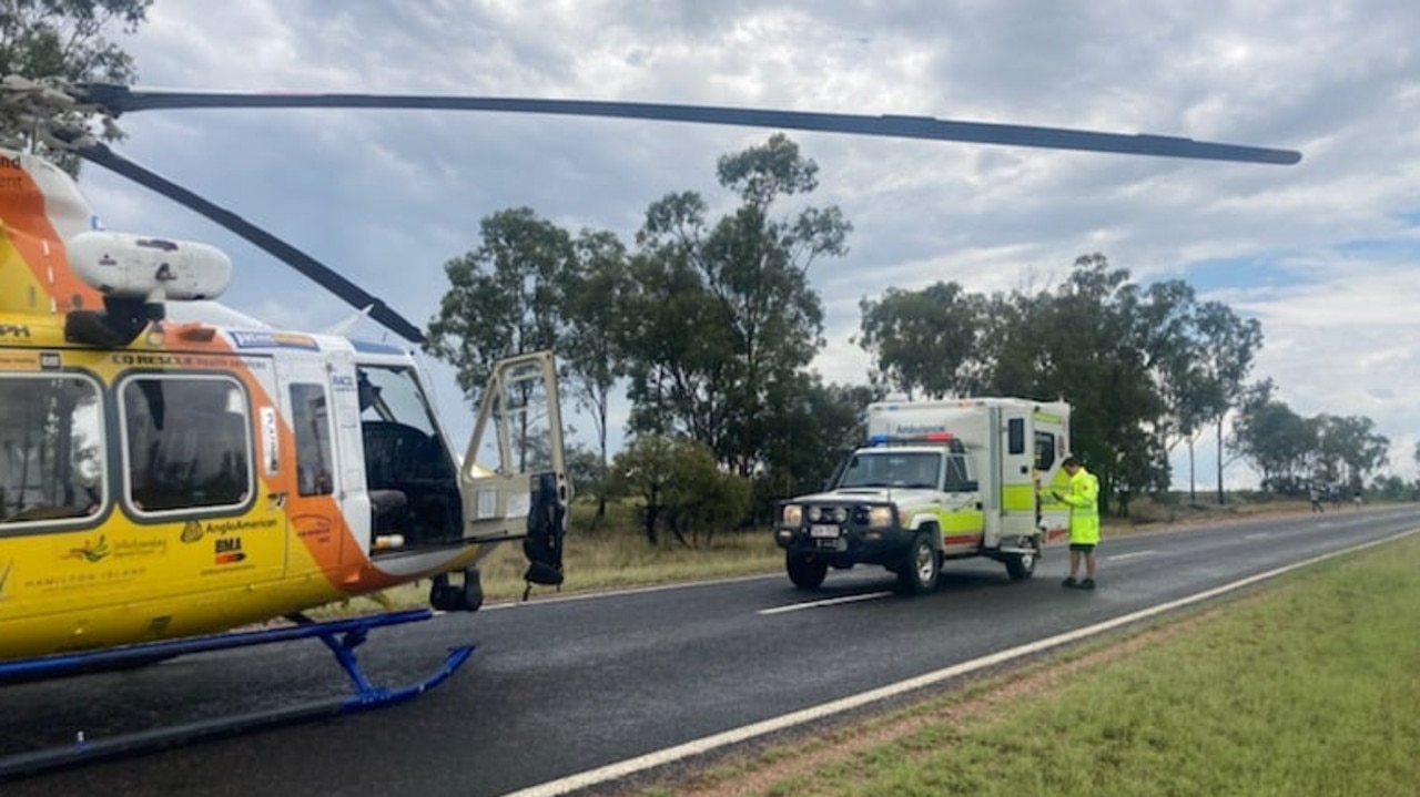 Flash flooding near Clermont made it difficult for a RACQ CQ Rescue crew to perform a rescue on the Gregory Development Rd about 120km north of Clermont on Thursday, November 25, 2021. Picture: RACQ CQ Rescue