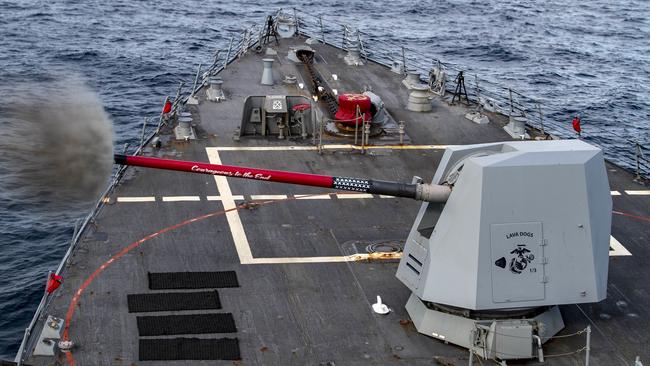 The Arleigh Burke-class guided-missile destroyer USS Rafael Peralta (DDG 115) fires its 5-inch gun during Exercise Pacific Vanguard off Sydney. Picture: Mass Communication Specialist 3rd Class Daniel Serianni/US Navy