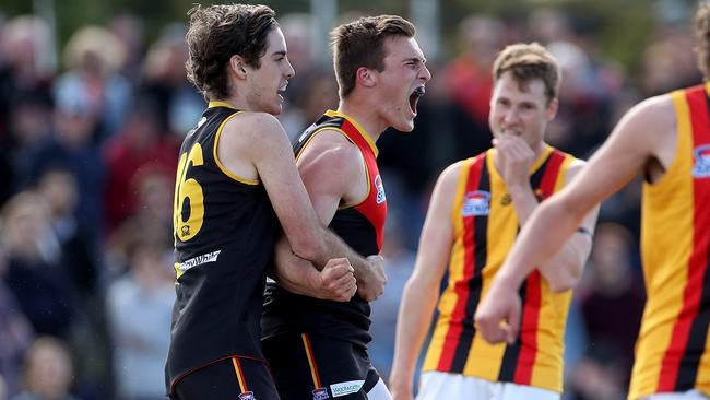 Goldsmith celebrates his goal in the 2019 grand final.