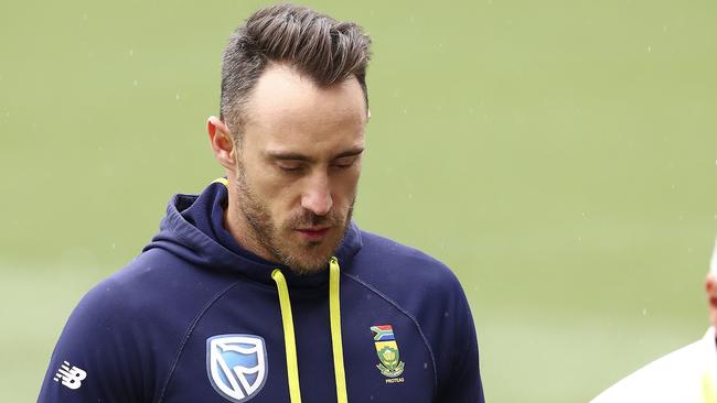 Faf du Plessis leaves Adelaide Oval after the hearing for ball tampering.
