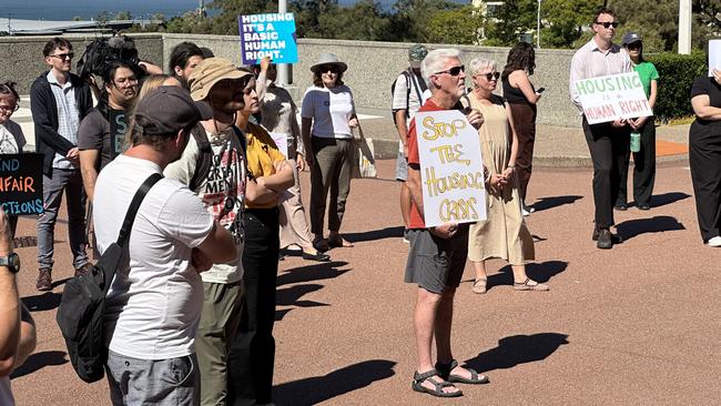 Protesters outside Parliament House in Perth on Tuesday were calling for no-ground evictions to be banned in WA to provide renters with more security.