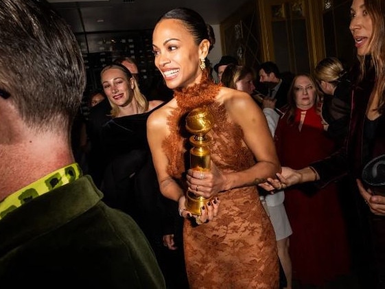 Zoe Saldana shows off her Golden Globe at legendary Hollywood restaurant, Spago. Picture: Getty Images