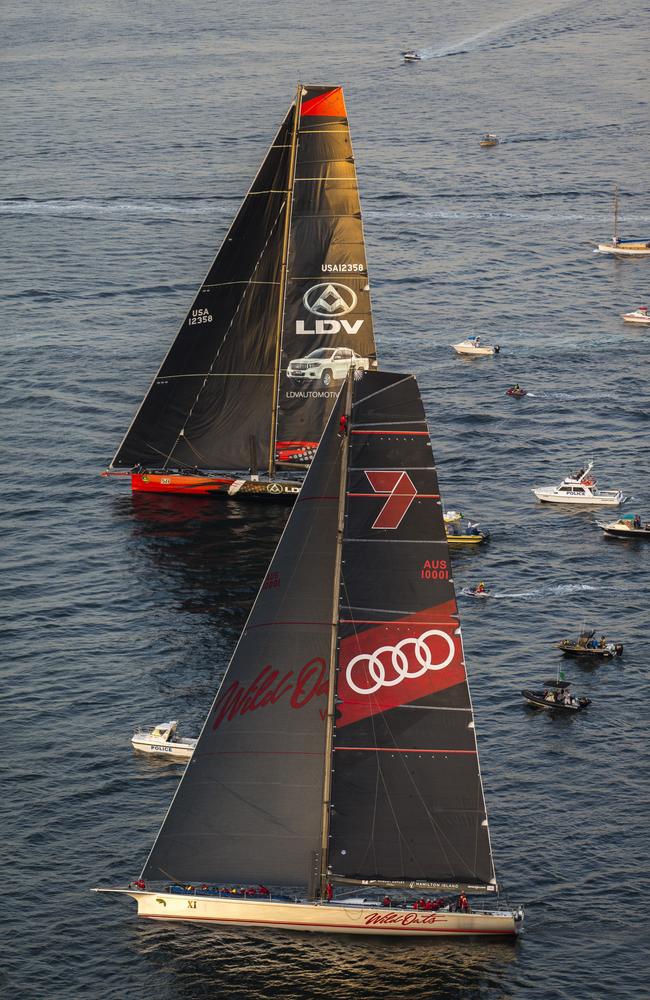 Wild Oats XI and Comanche were neck and neck in the closing stages. Picture: Andrea Francolini