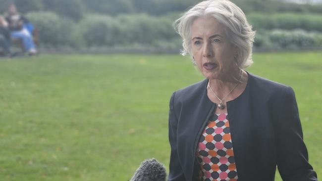 Greens leader Rosalie Woodruff speaks to the media on Parliament Lawns in Hobart on Monday May 5, 2025.