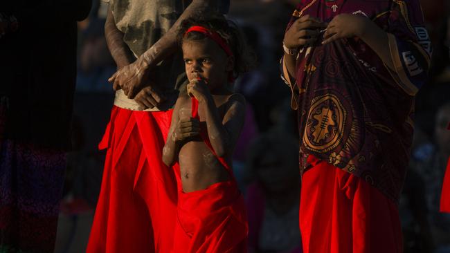 Bungul time begins with the famed Red Flag Dancers from Numbulwar. Picture: NewsWire / Glenn Campbell