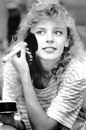 Minogue gets ready on the Channel Ten set for Neighbours in 1987. Picture: Supplied  