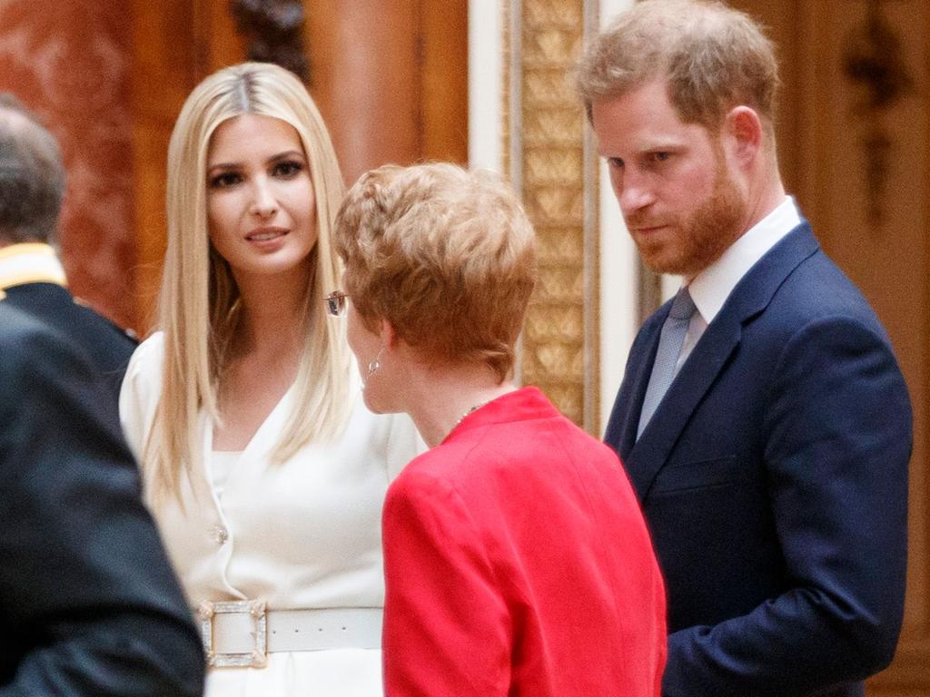 Aside from chatting politely to Ivanka Trump, the Duke of Sussex remained stony-faced. Picture: Tolga Akmen/various sources/AFP