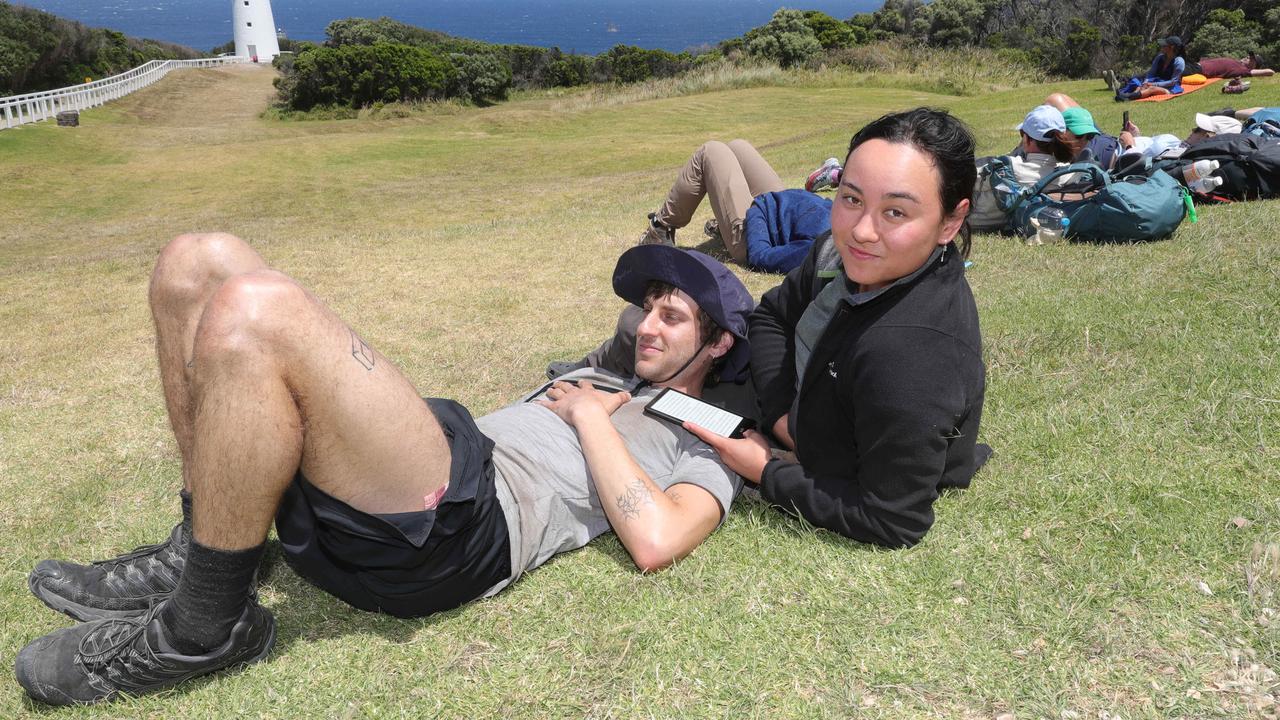 Fire evacuees Remy and Nicole at Cape Otway Lighthouse. Picture: Mark Wilson