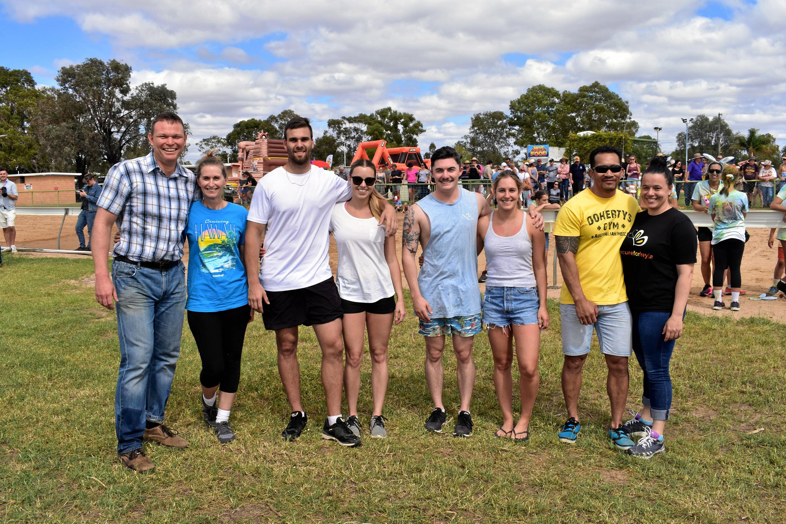 competitors Nick and Sila, Chloe and Lynsday, Dee and Sofia and Billy and Nicole of the wife carrying final