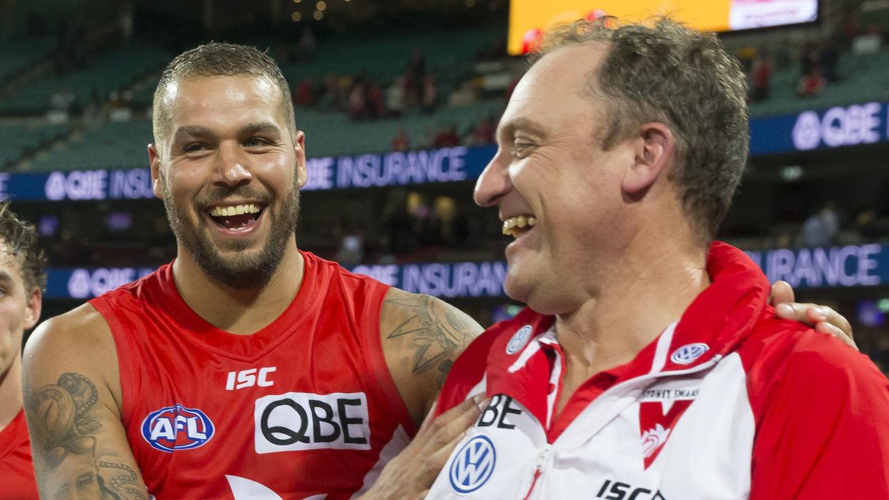 Lance Franklin with Swans coach John Longmire. (AAP Image/Craig Golding)