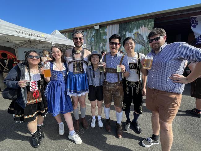 Anna Nguyen, Sophie Dang, Eran Tse, Justin Clarke, Ming Leow and Michelle Dick at the 2024 Yarra Valley Oktoberfest. Picture: Himangi Singh.