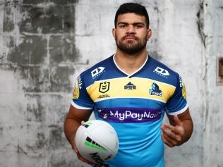 GOLD COAST, AUSTRALIA - MAY 17: David Fifita poses during a Gold Coast Titans NRL media day on May 17, 2022 in Gold Coast, Australia. (Photo by Chris Hyde/Getty Images)