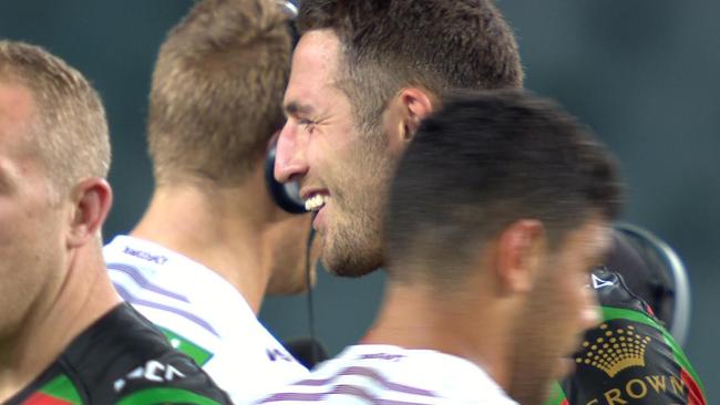 Sam Burgess laughing after a flogging from the Sea Eagles.