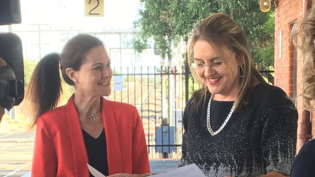 Carrum state Labor MP Sonya Kilkenny, left, and Victorian Transport Minister Jacinta Allan speak to the media about the level crossing removal program.