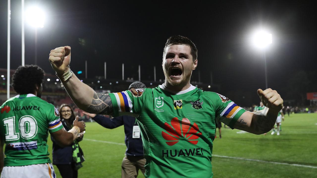 Canberra's John Bateman celebrates victory with the crowd after the Penrith v Canberra NRL match at Panthers Stadium, Penrith. Picture: Brett Costello